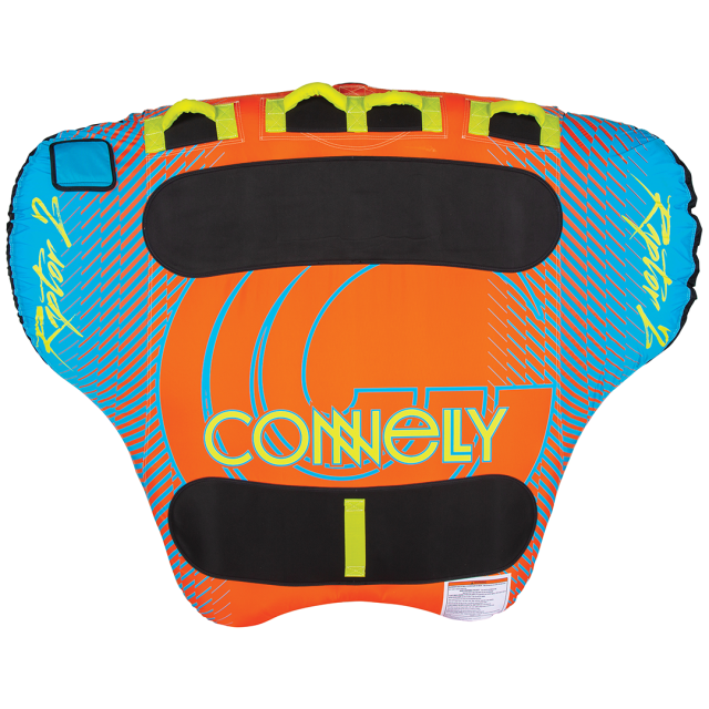 Bright orange and blue Raptor 2 towable tube with black padding, neon yellow handles, and a bold logo design.