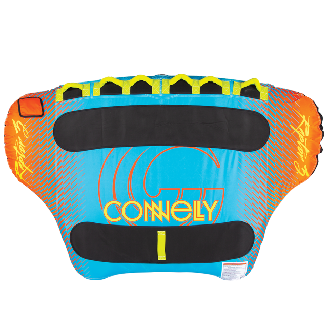 Blue and orange Raptor 3 towable tube with black padding, neon yellow handles, and a bold logo design.