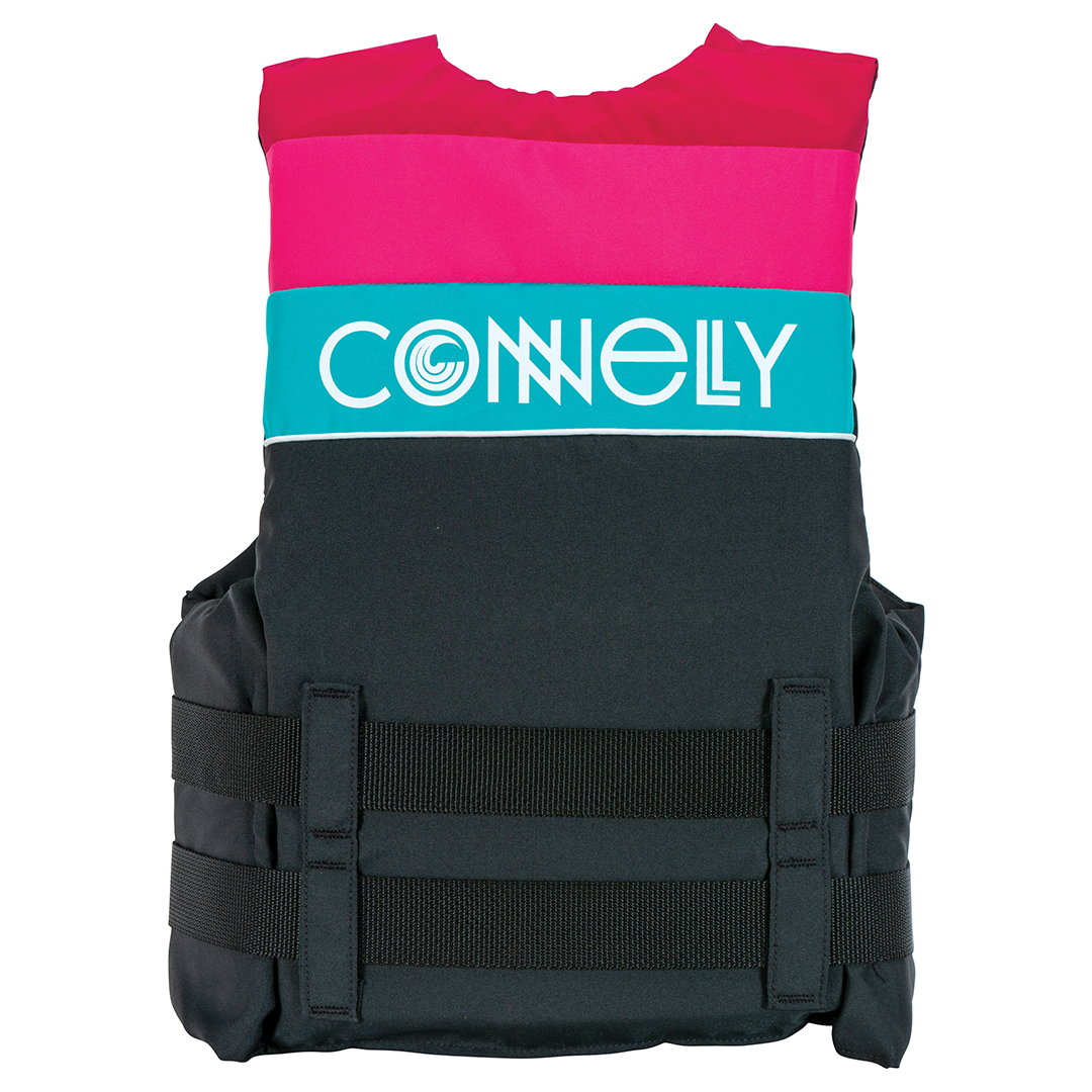 Back view of the Women's Retro Nylon life vest, showing a black lower section with a teal and pink striped upper panel.