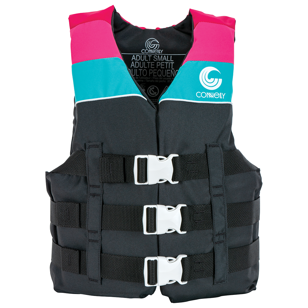 Front view of the Women's Retro Nylon life vest, featuring black, teal, and pink panels with three white buckles.