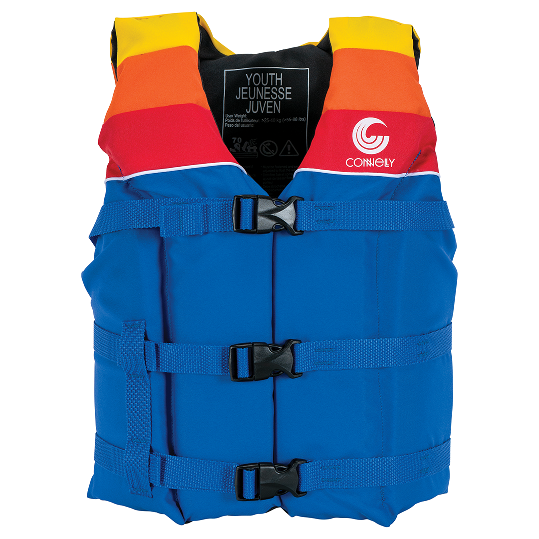 Front view of Youth Retro Nylon vest with blue, red, and yellow design, zippered front, and three black buckle straps.