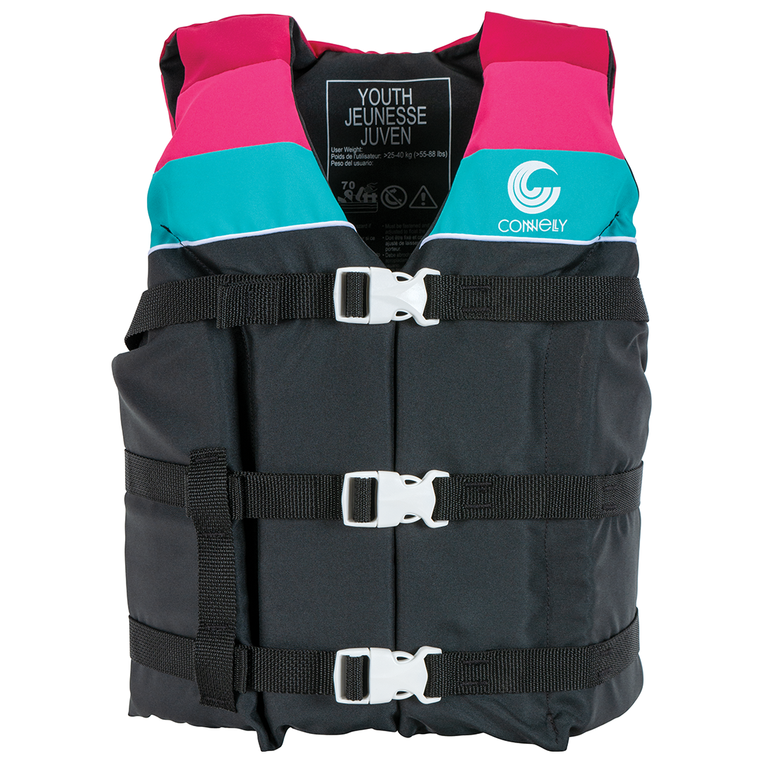 Front view of Youth Retro Nylon vest with black, pink, and teal design, zippered front, and three white buckle straps.