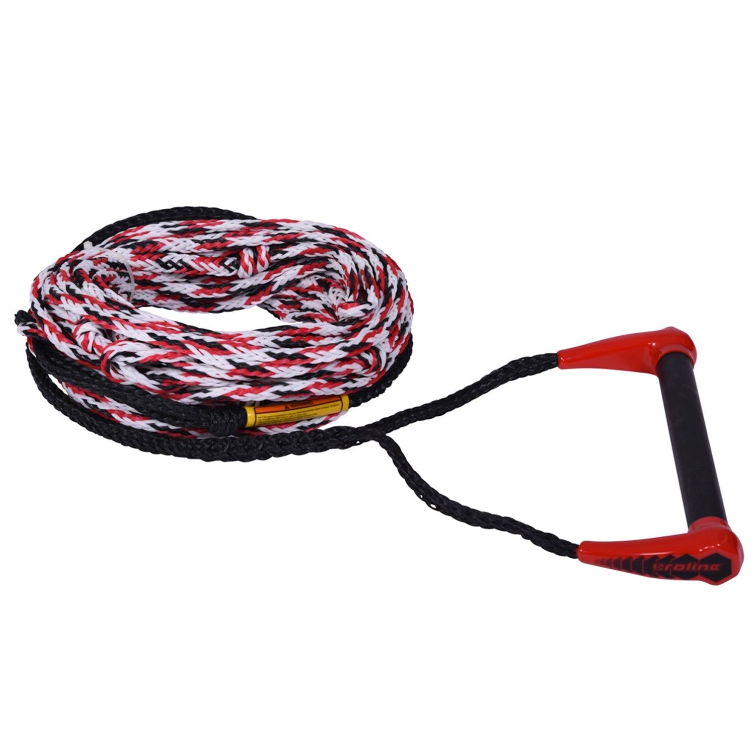 Side angle view of Sport Package with 8 section mainline with a red and black handle and white, red, and black rope.