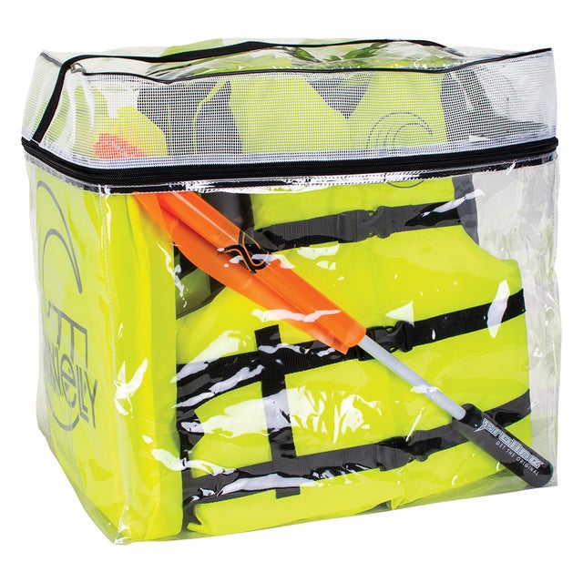 Clear zippered storage bag containing four neon yellow safety nylon vests with black straps, and accessories.