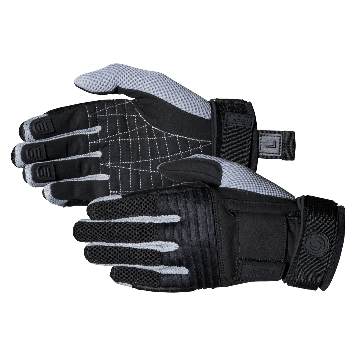 Pair of Men's Talon Gloves in black and gray, highlighting grip texture, reinforced fingers, and straps.