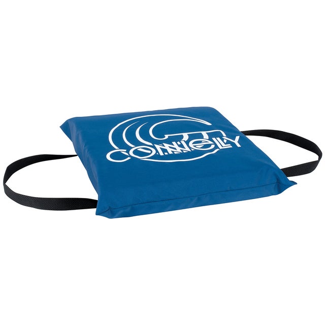 Square blue Throwable Cushion with black carrying straps and a large white Connelly logo printed on the front.