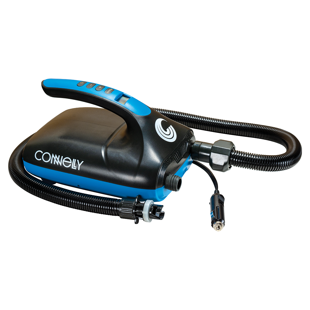 Black and blue Tornado High Volume Pump with an ergonomic handle, digital controls, flexible hose, and 12V plug-in adapter.