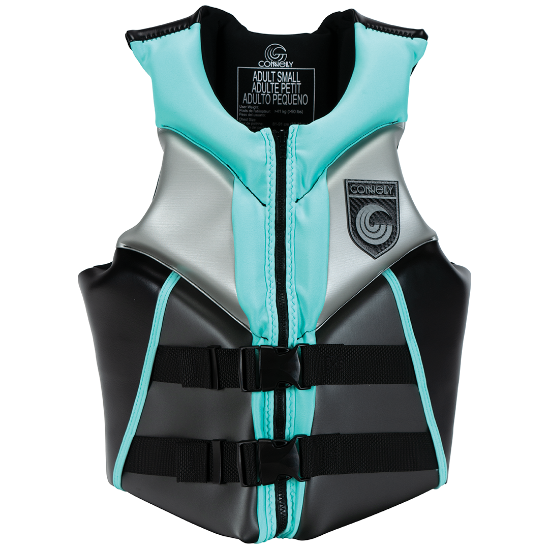 Front view of the Women's V life vest in black and mint with a zippered closure and two adjustable black straps.