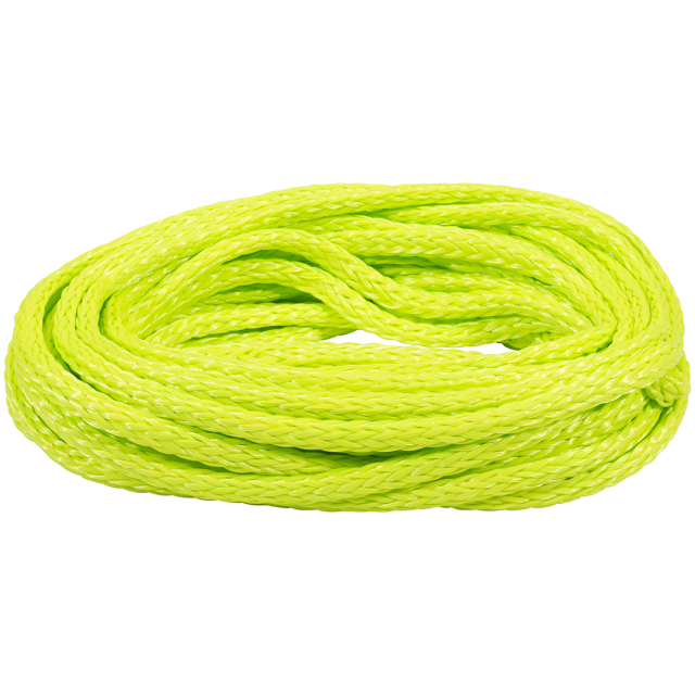 Coiled neon yellow Value Safety Tube Rope; a braided rope designed for towing tubes on the water.