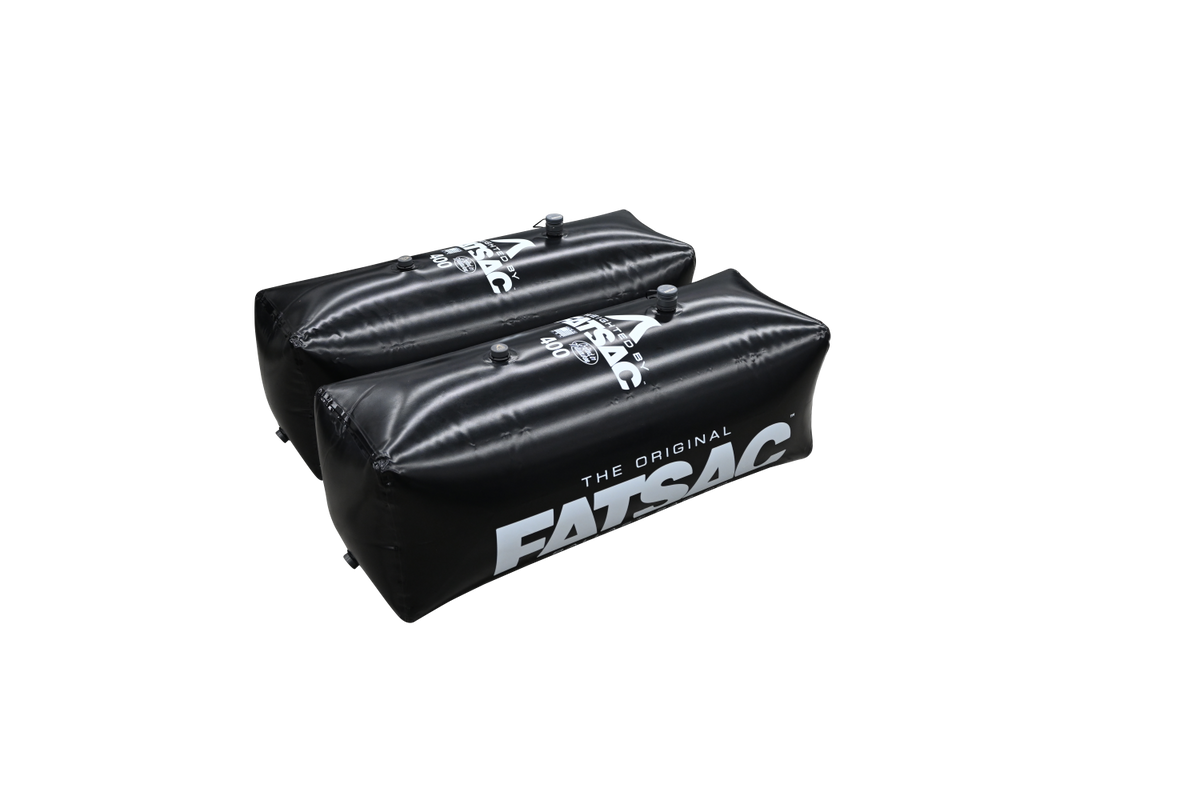 Two black V-drive FatSac ballast bags, ideal for wakesurfing.
