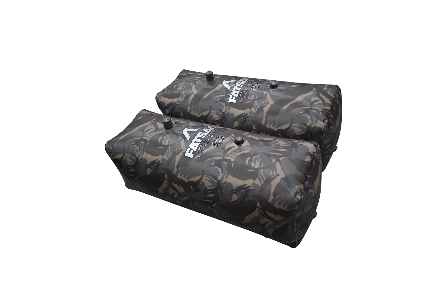 Two V-drive CAMO Fat Sacs for boats, ideal for wakesurfing adventures.