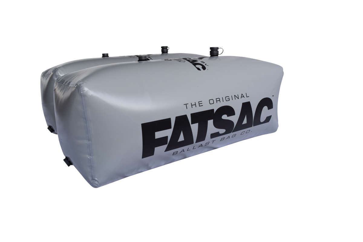 V-drive Fat Sacs: Grey 400 lbs. ballast bags with logo and black fittings for wakesurfing.