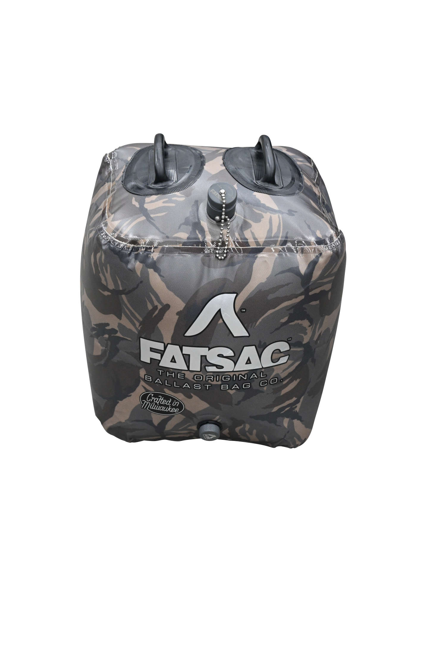 Camouflage Fat Brick 155 lbs. ballast bag with handles and FATSAC logo.