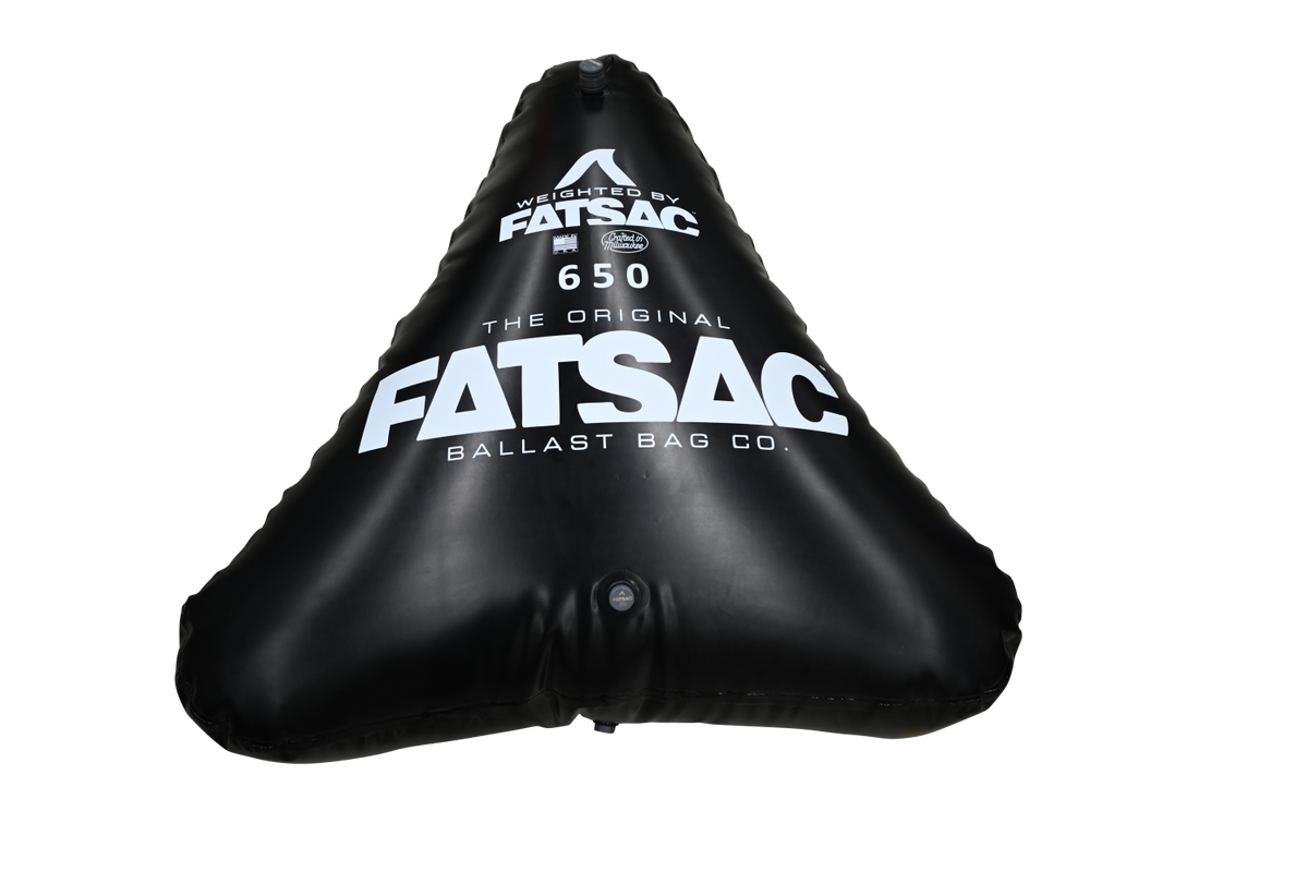 Black Open Bow Triangle 650 lbs. (W706) FatSac ballast bag with white text.