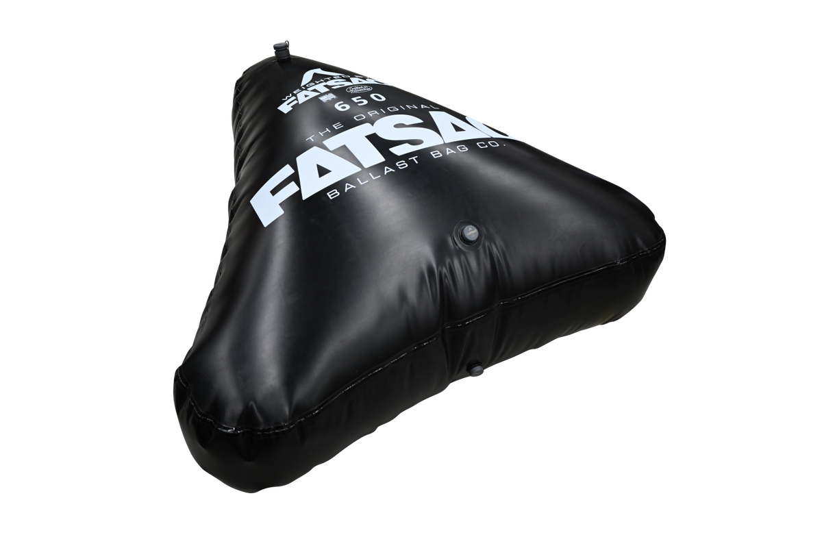 Black triangular ballast bag Open Bow Triangle 650 lbs. with white FATSAC print.
