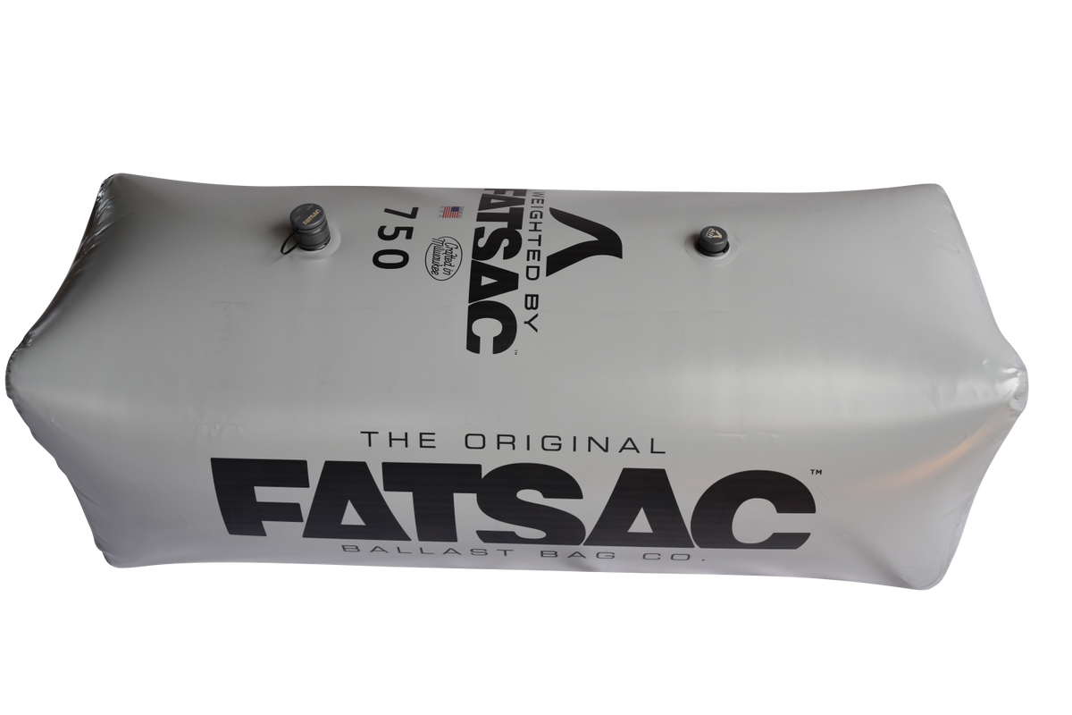 Gray rectangular FatSac High Flow 750 lbs. wake ballast bag with two top valves.