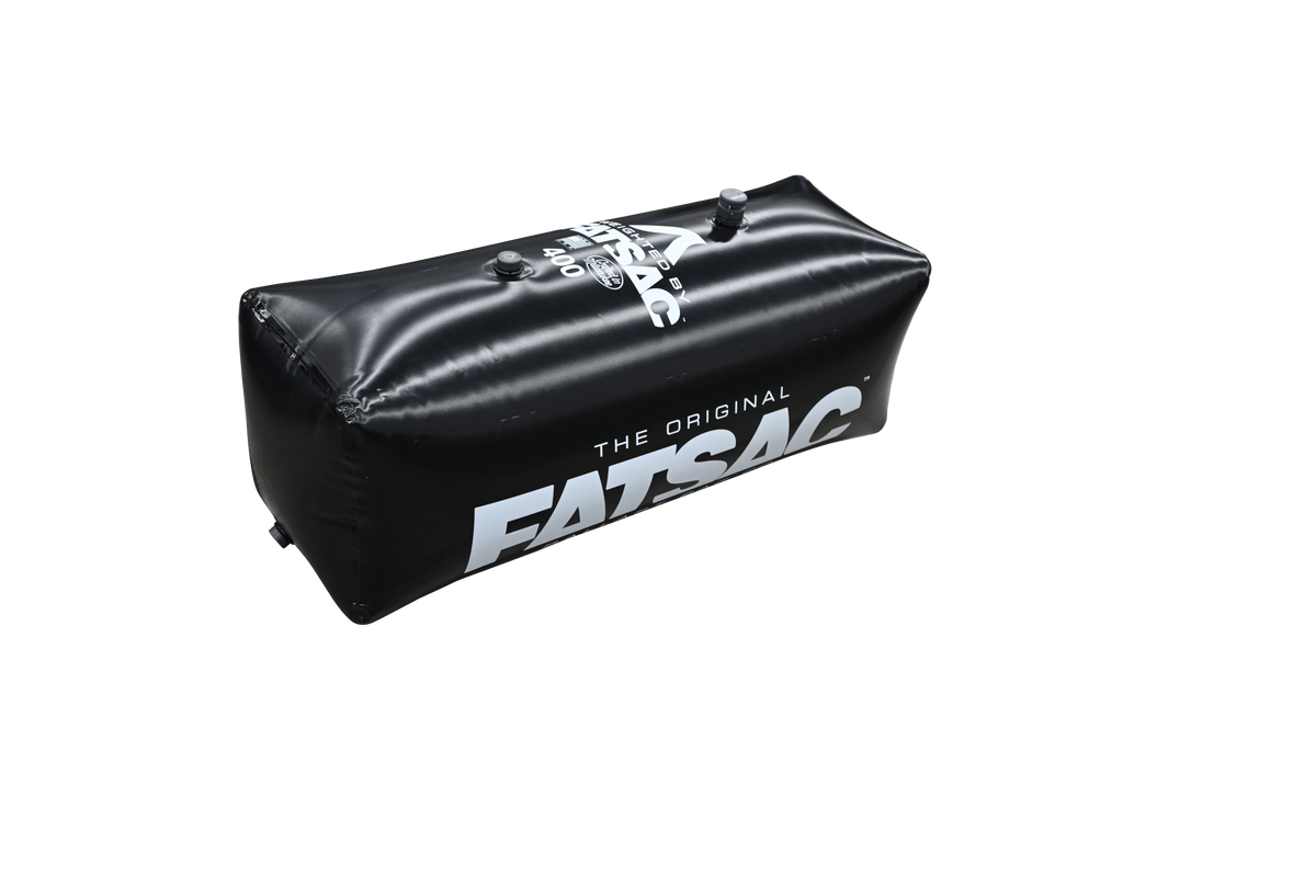Angled view of black V-drive Surf Sac 400 lbs. with white FATSAC logo and visible valves.
