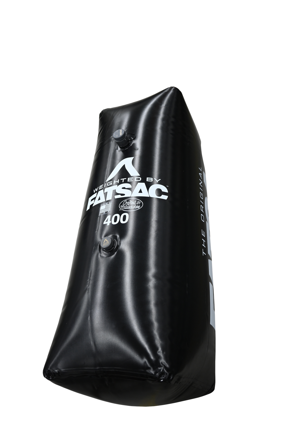 Low side view of V-drive Surf Sac 400 lbs. with close-up of white FATSAC logo and valve caps.