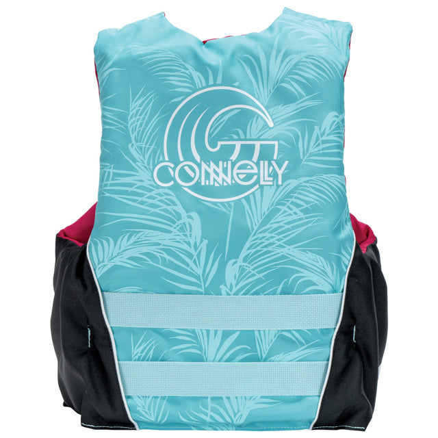 Back view of the Women's Tunnel Nylon life vest with palm leaf pattern, black sides, white logo, and light gray straps.