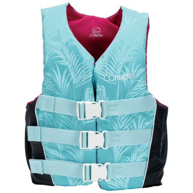 Front view of the Women's Tunnel Nylon life vest with palm leaf pattern, black sides, magenta lining, and gray buckles.