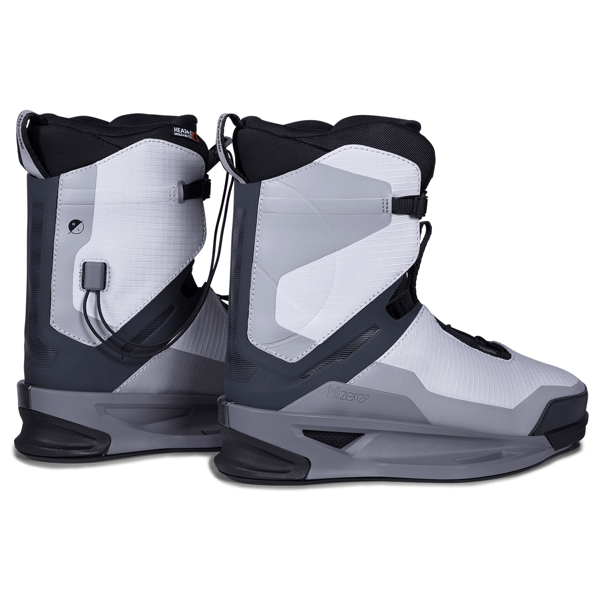 Side view of gray & black wakeboard boots with ZER02 Binding.