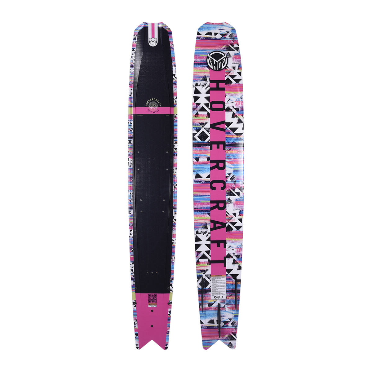 Top and base views of the Hovercraft - Tribal Pink ski, highlighting its vibrant geometric graphics and wide, stable shape.