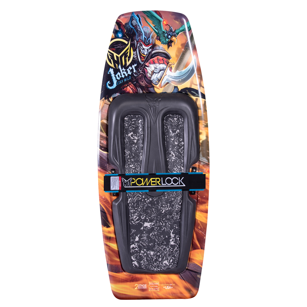 Top view of the Joker kneeboard with a bold pirate clown graphic, PowerLock strap, and cushioned knee pad.