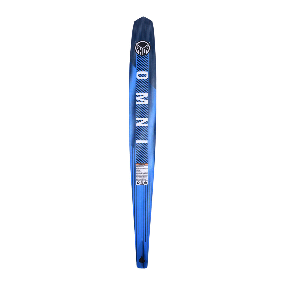 Base view of OMNI waterski in blue with black accents, bold "OMNI" text, a geometric pattern, and a logo near the tip.