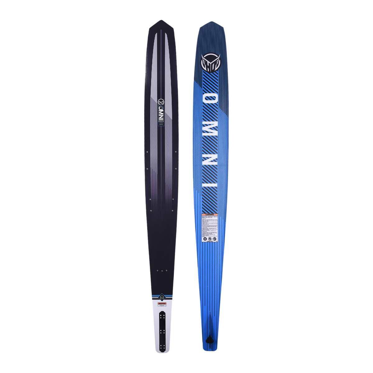 Side-by-side view of OMNI waterski showing both the top and base, featuring a sleek blue base design and a black top.