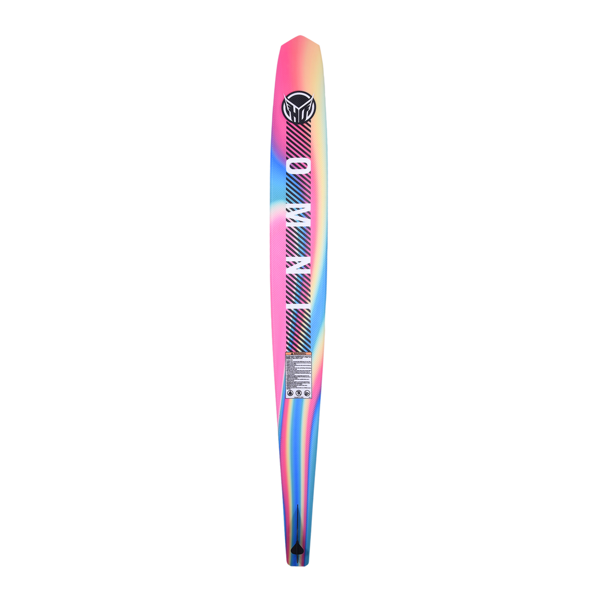 Base view of Womens OMNI ski with a vibrant pink and rainbow gradient, bold white "OMNI" text, and a black HO Sports logo.