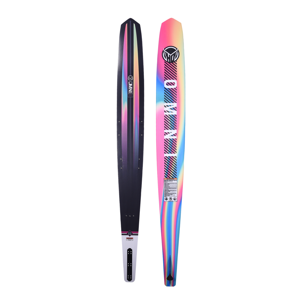 Side-by-side view of Womens OMNI ski showing black top with rainbow gradient stripes and base with bold "OMNI" text in white.