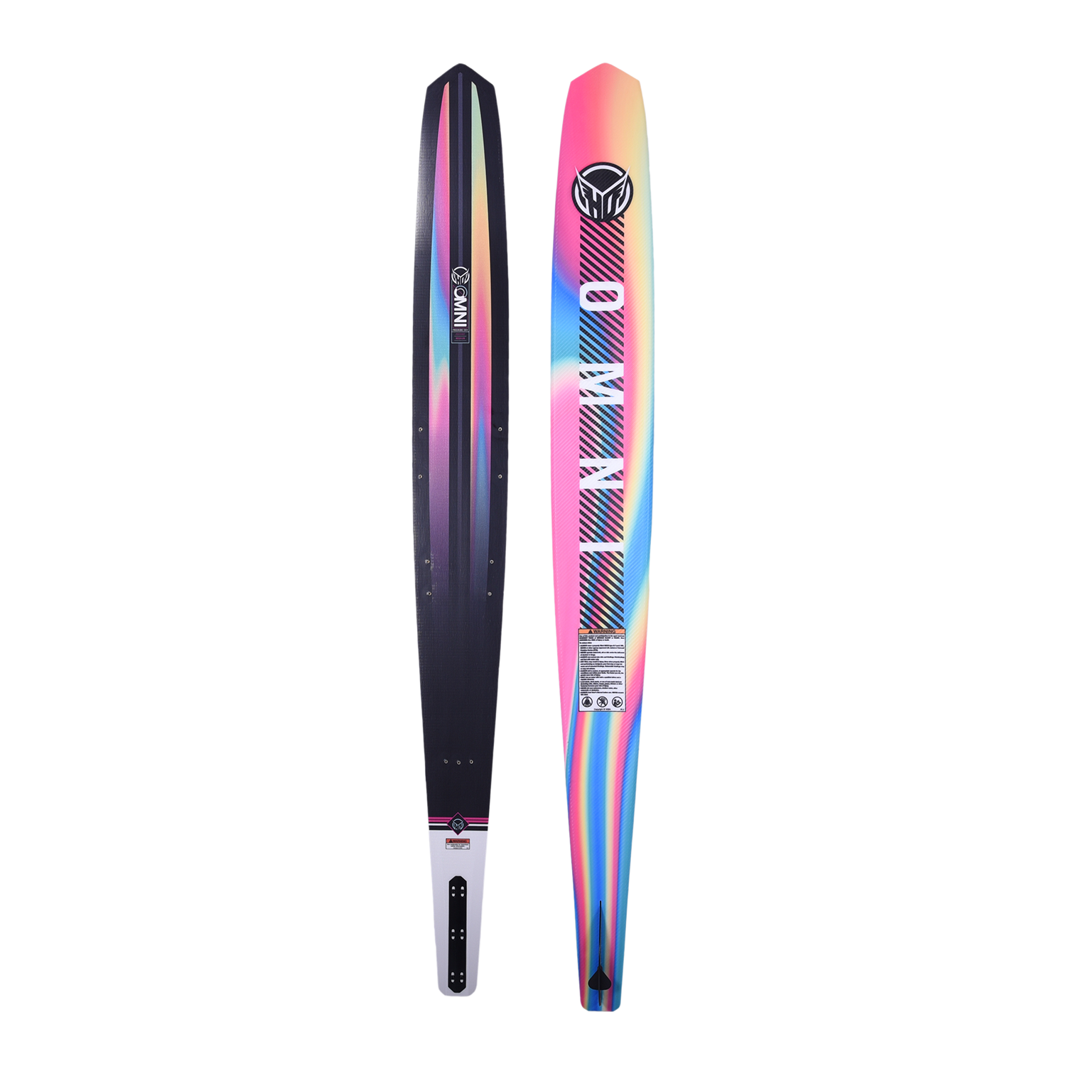 Side-by-side view of Womens OMNI ski showing black top with rainbow gradient stripes and base with bold "OMNI" text in white.