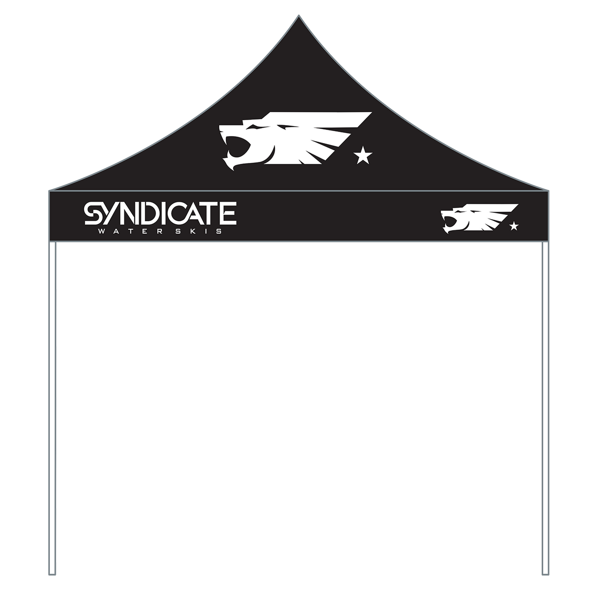 Side view of the HO Sports/Syndicate Waterskis Pop-Up Tent in black, with the Syndicate logo on the canopy and side panel.