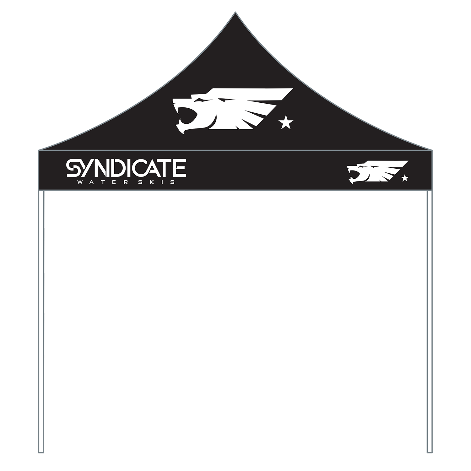 Side view of the HO Sports/Syndicate Waterskis Pop-Up Tent in black, with the Syndicate logo on the canopy and side panel.
