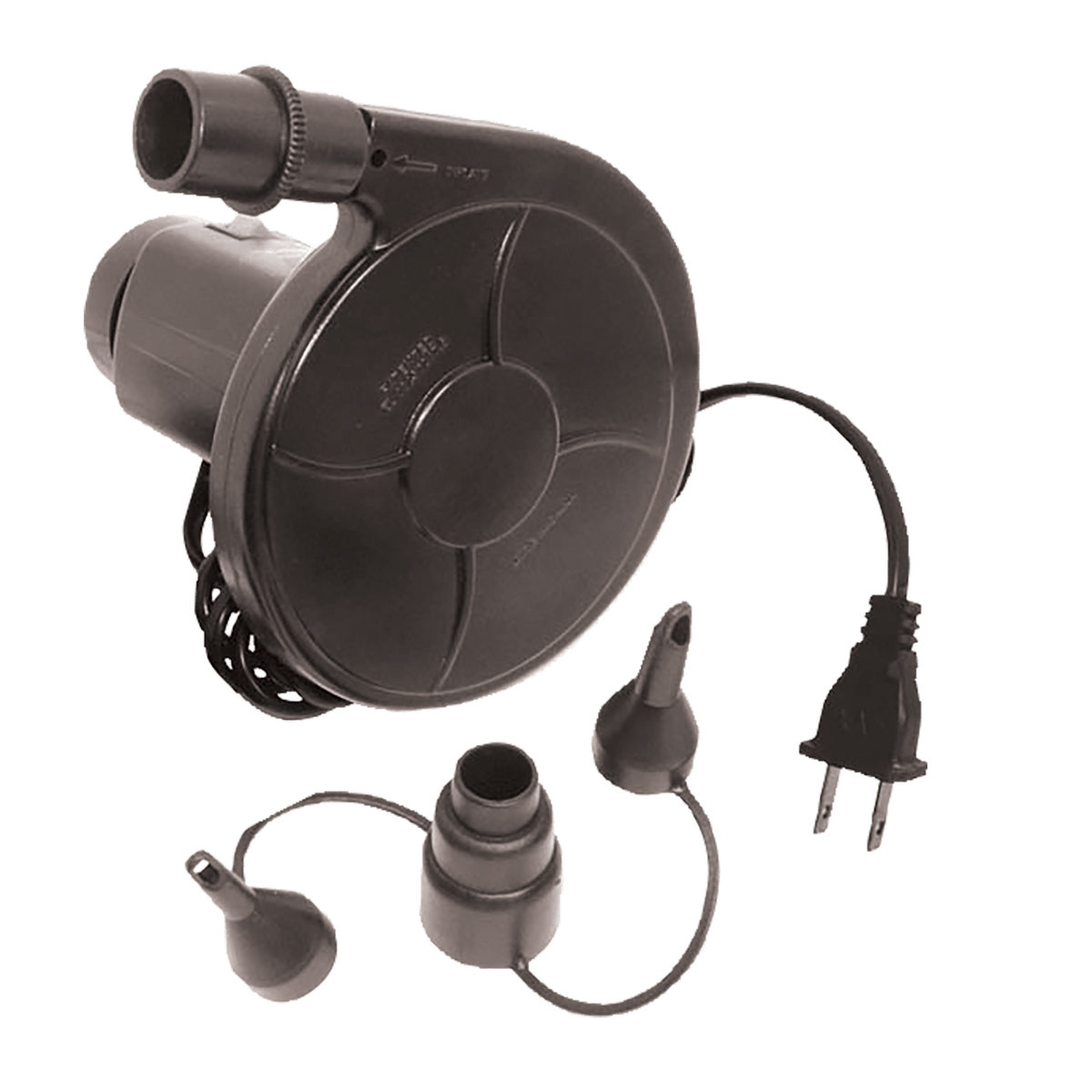 Black electric inflator/deflator pump with a round body, power cord, and multiple nozzle attachments.