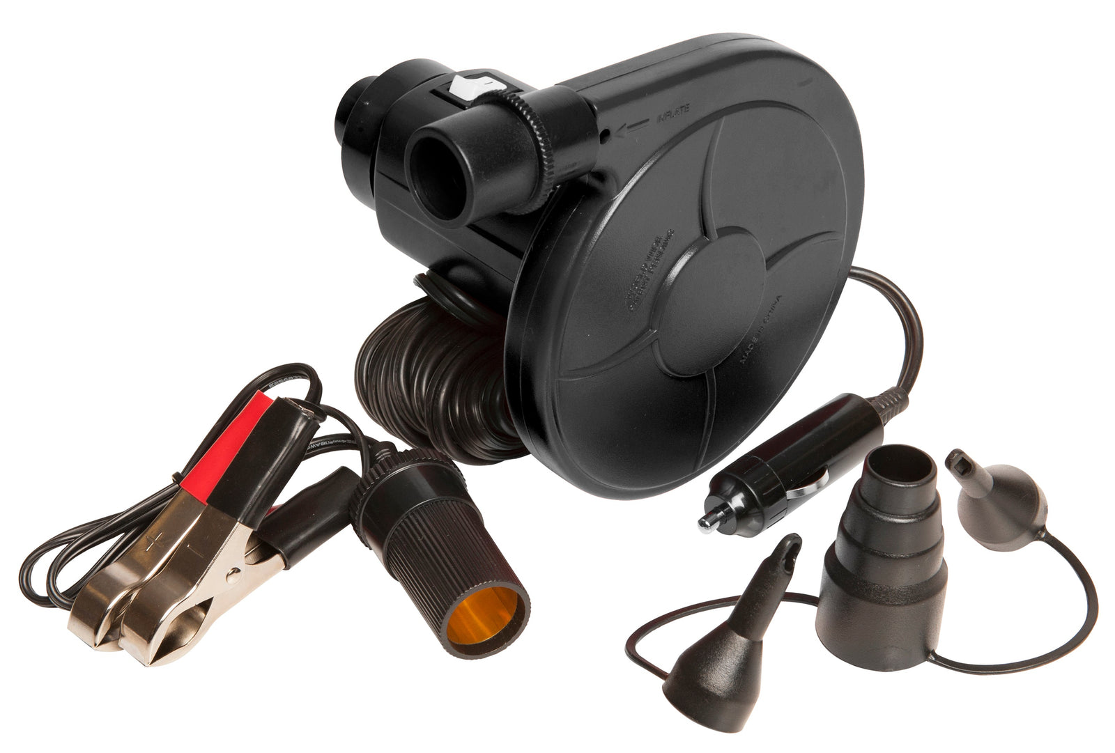 Black electric inflator/deflator pump with a round body, power cord, and multiple nozzle attachments.
