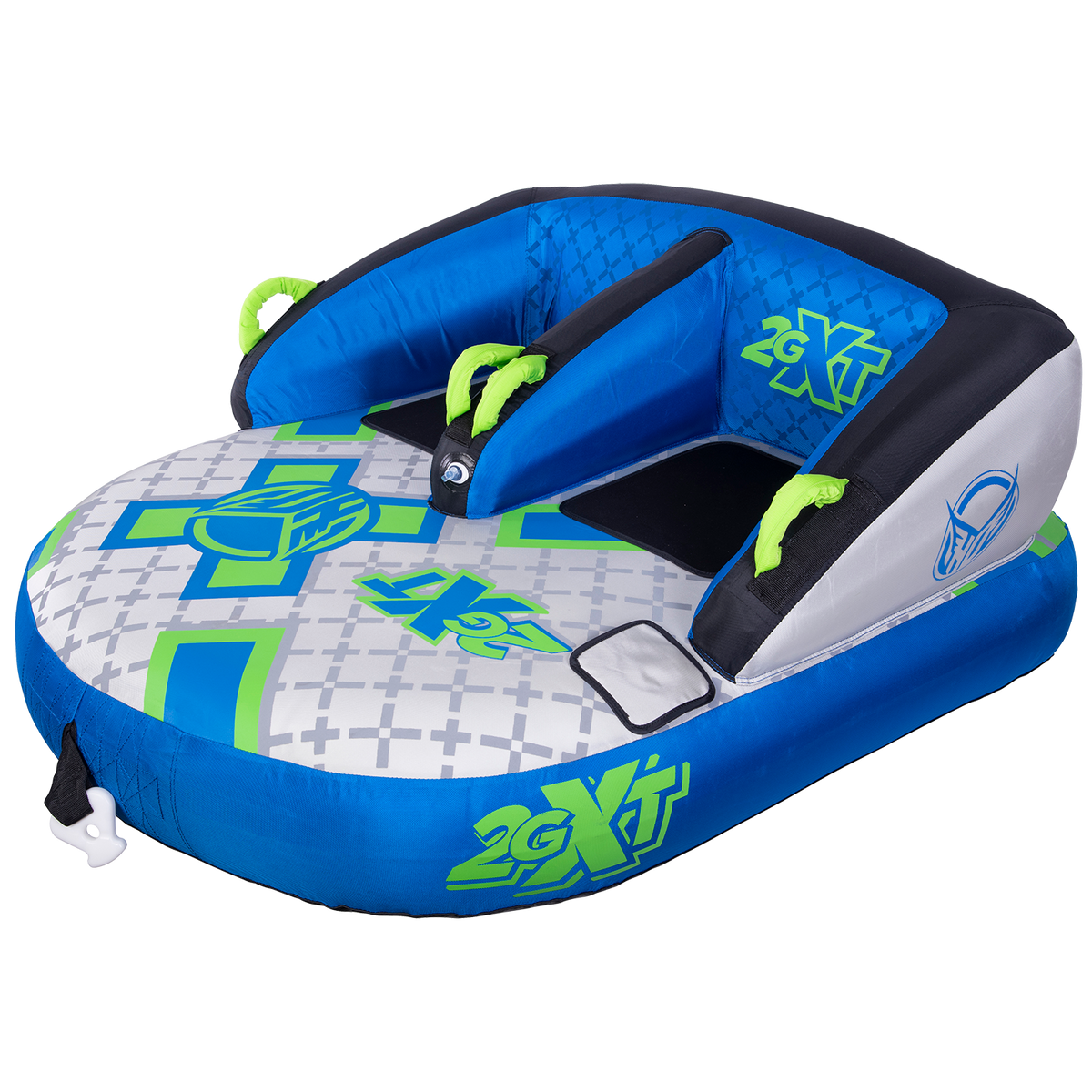 Left-angle view of the 2G-XT two-person towable with a blue, white, and green geometric design and black seat panels.