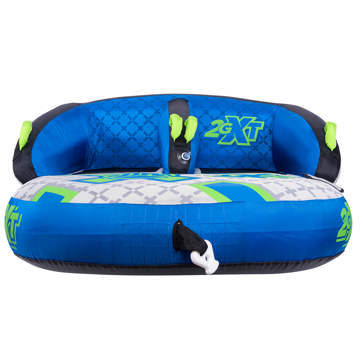 Front view of the 2G-XT two-person towable with a blue, white, and green geometric design, handles, and black seat panels.