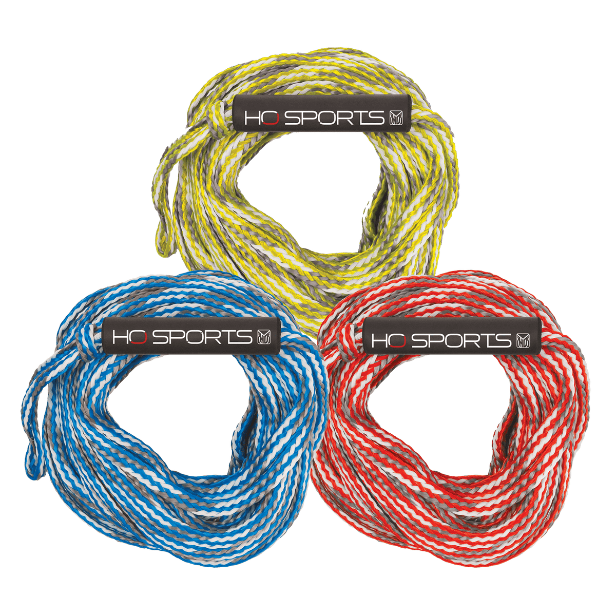Three coiled 2K Tube Ropes in yellow, blue, and red, each with a black "HO Sports" handle wrap.