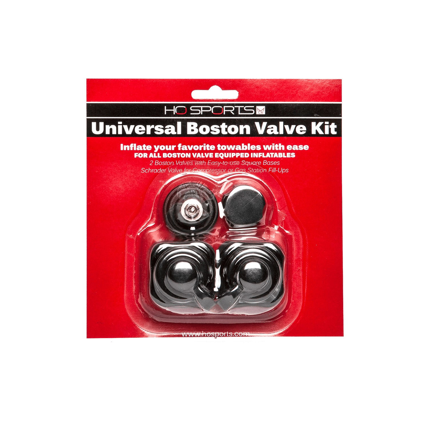 HO Sports Universal Boston Valve Kit in red packaging, including two Boston valves and a Schrader valve adapter.