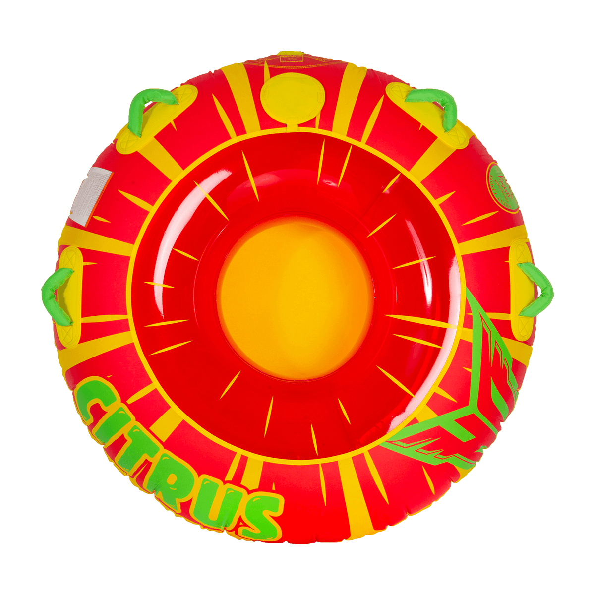 Top view of the Citrus towable tube, a red and yellow circular inflatable with green grab handles and a sunburst pattern.