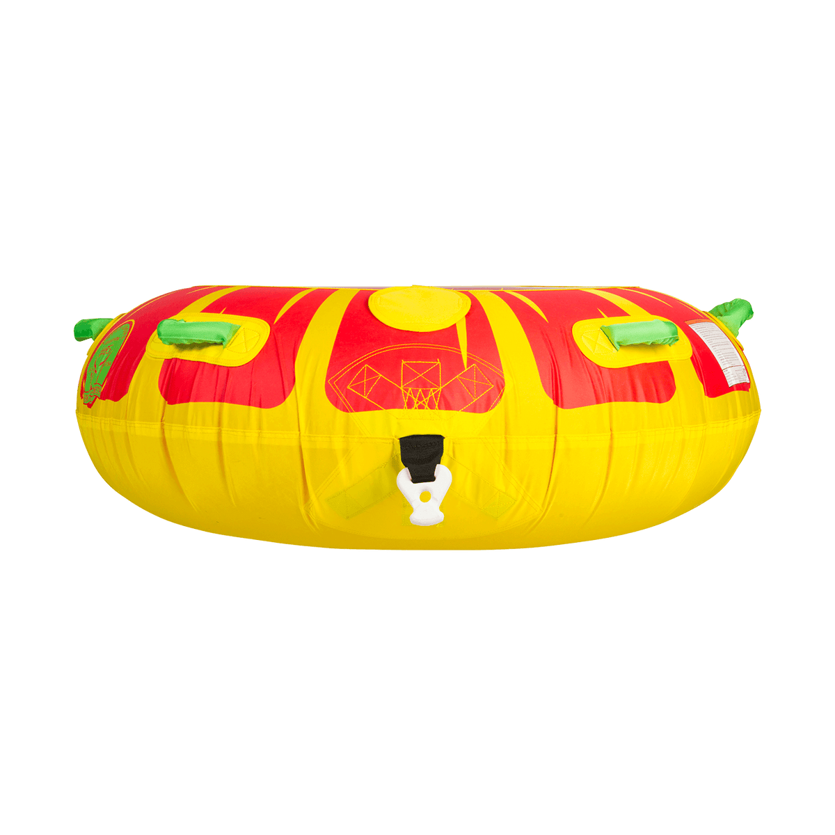 Profile view of the Citrus towable tube, a red and yellow circular inflatable with green grab handles and a sunburst pattern.