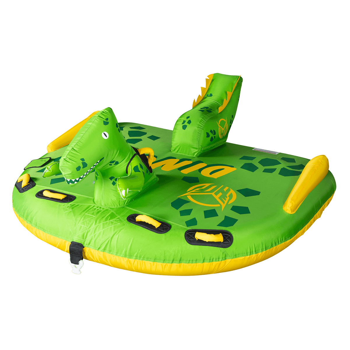 Right-angle view of the Dino towable tube in bright green with a dinosaur face, yellow grab handles, and a spotted pattern.