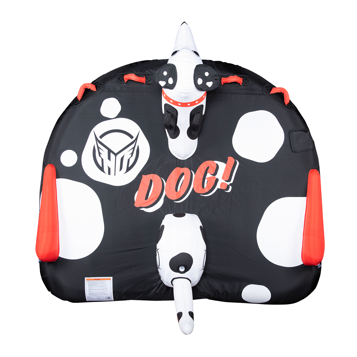 Top view of the Dog towable tube in black and white with a Dalmatian face, red grab handles, and a playful design.