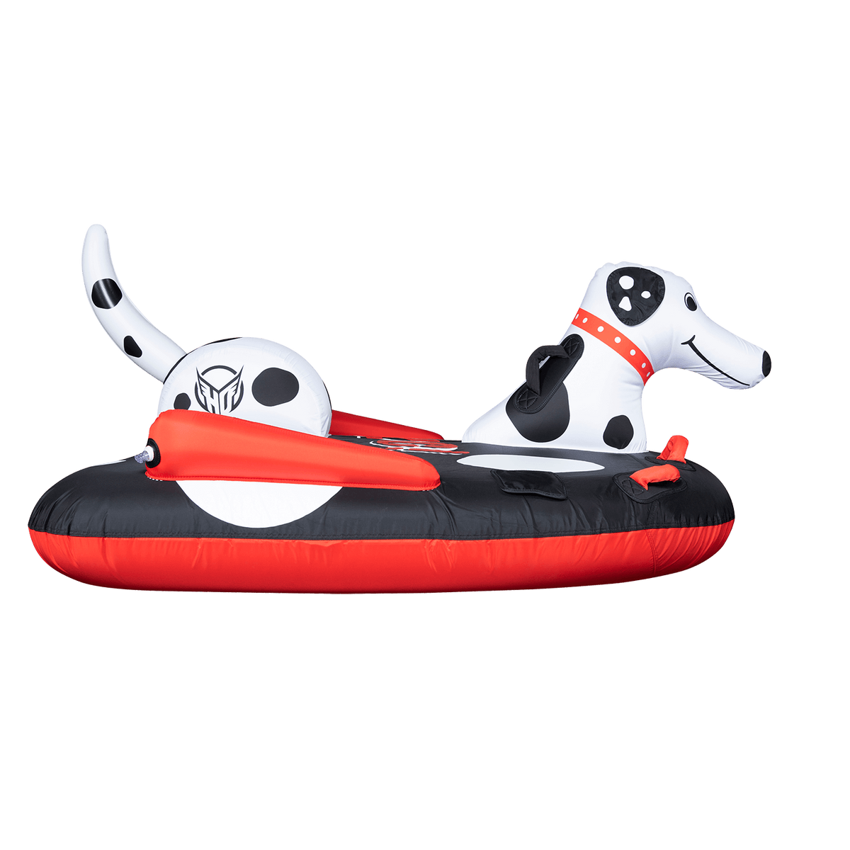 Side view of the Dog towable tube in black and white with a Dalmatian face, red grab handles, and a playful design.