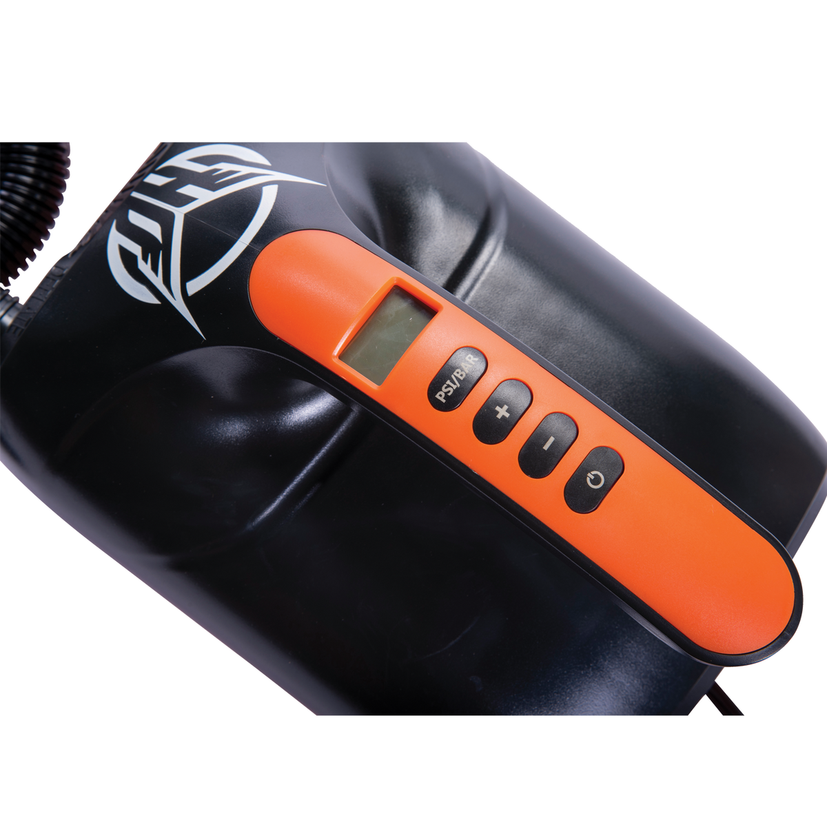 Close-up of the black and orange iPUMP, featuring a digital display, control buttons, and a sleek curved design.