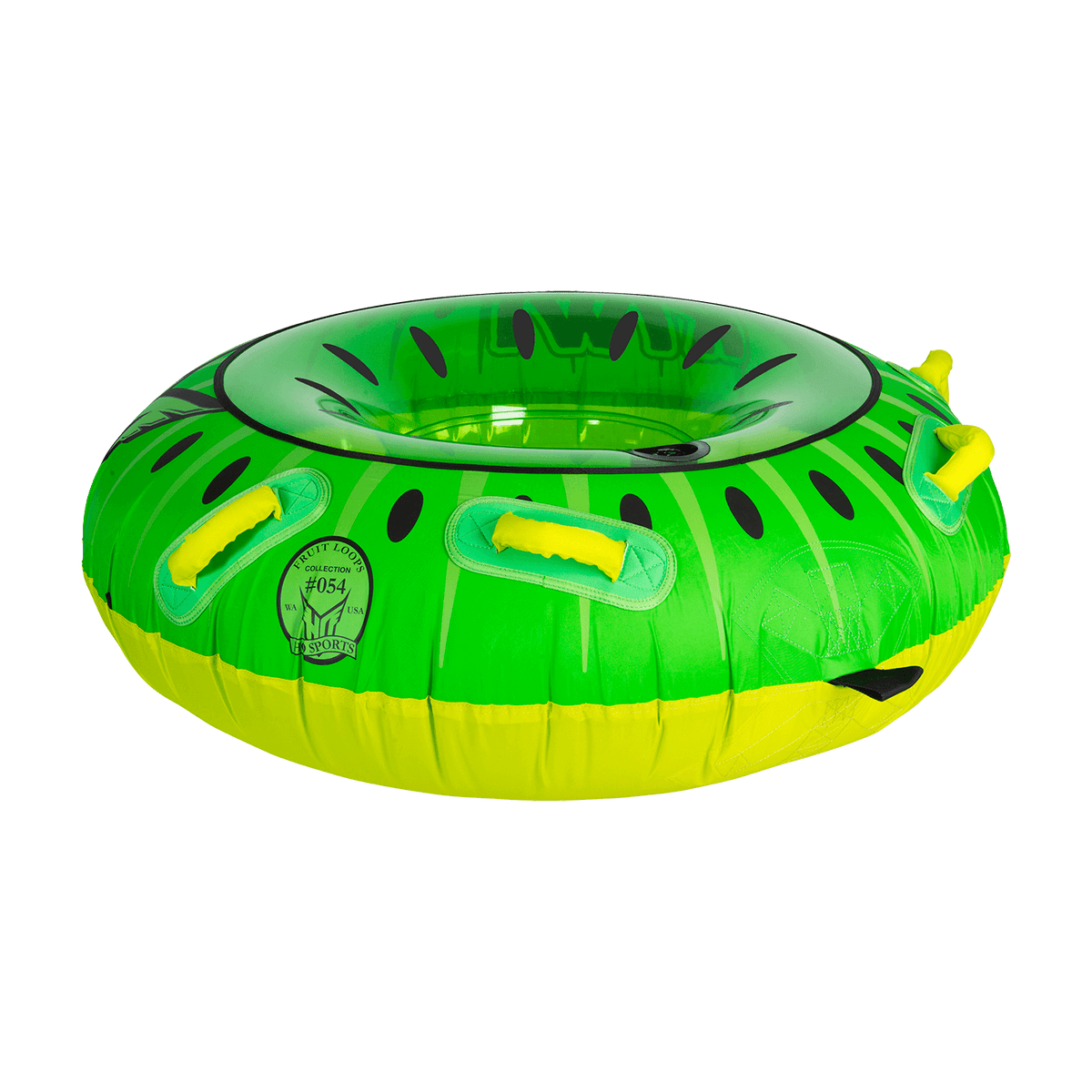 Opposite side view of the Kiwi towable tube in bright green with black and yellow accents, resembling a sliced kiwi fruit.