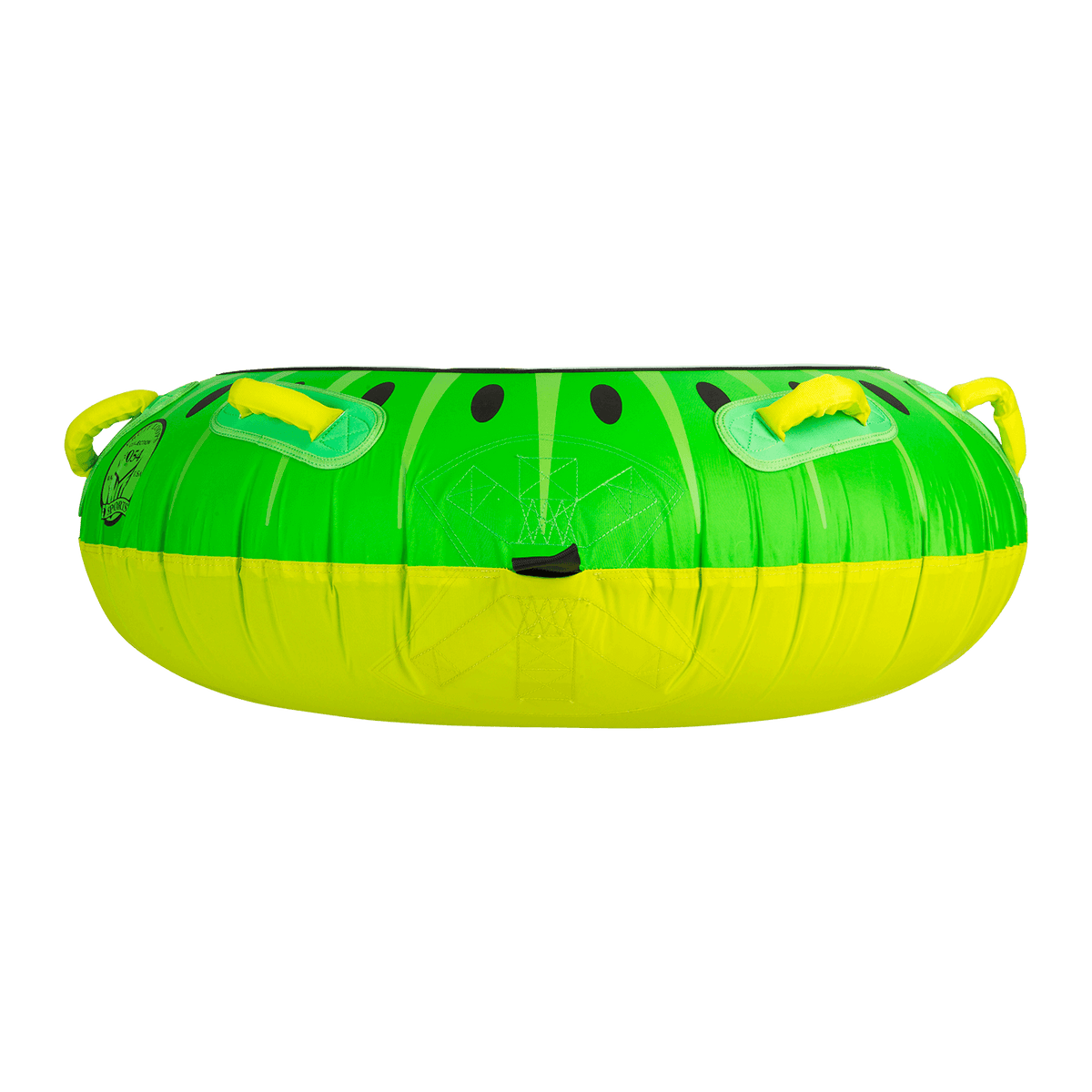 Profile view of the round Kiwi towable tube in bright green with black and yellow accents, resembling a sliced kiwi fruit.