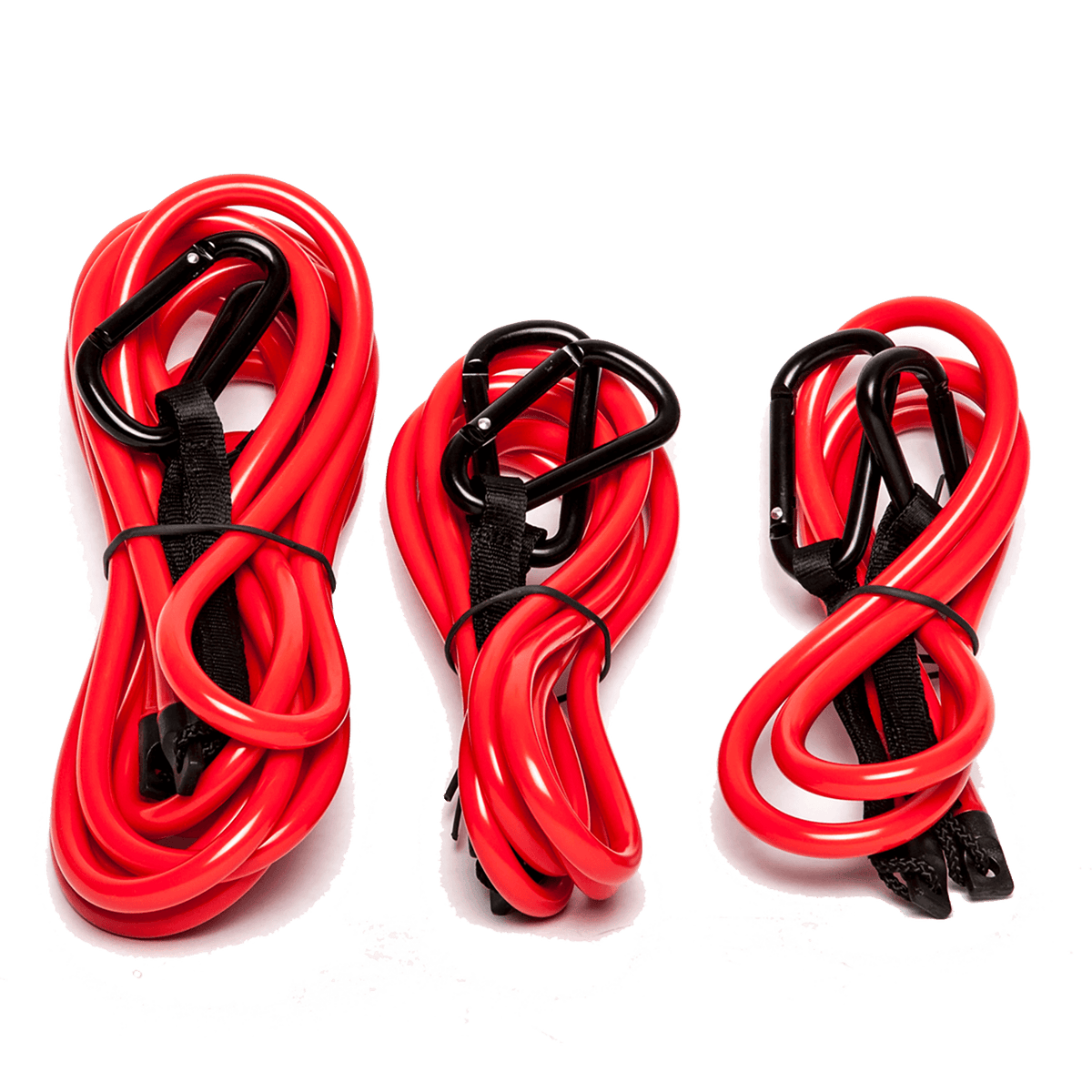 Set of three red Link Lanyards with black carabiners, neatly coiled and secured with black straps.