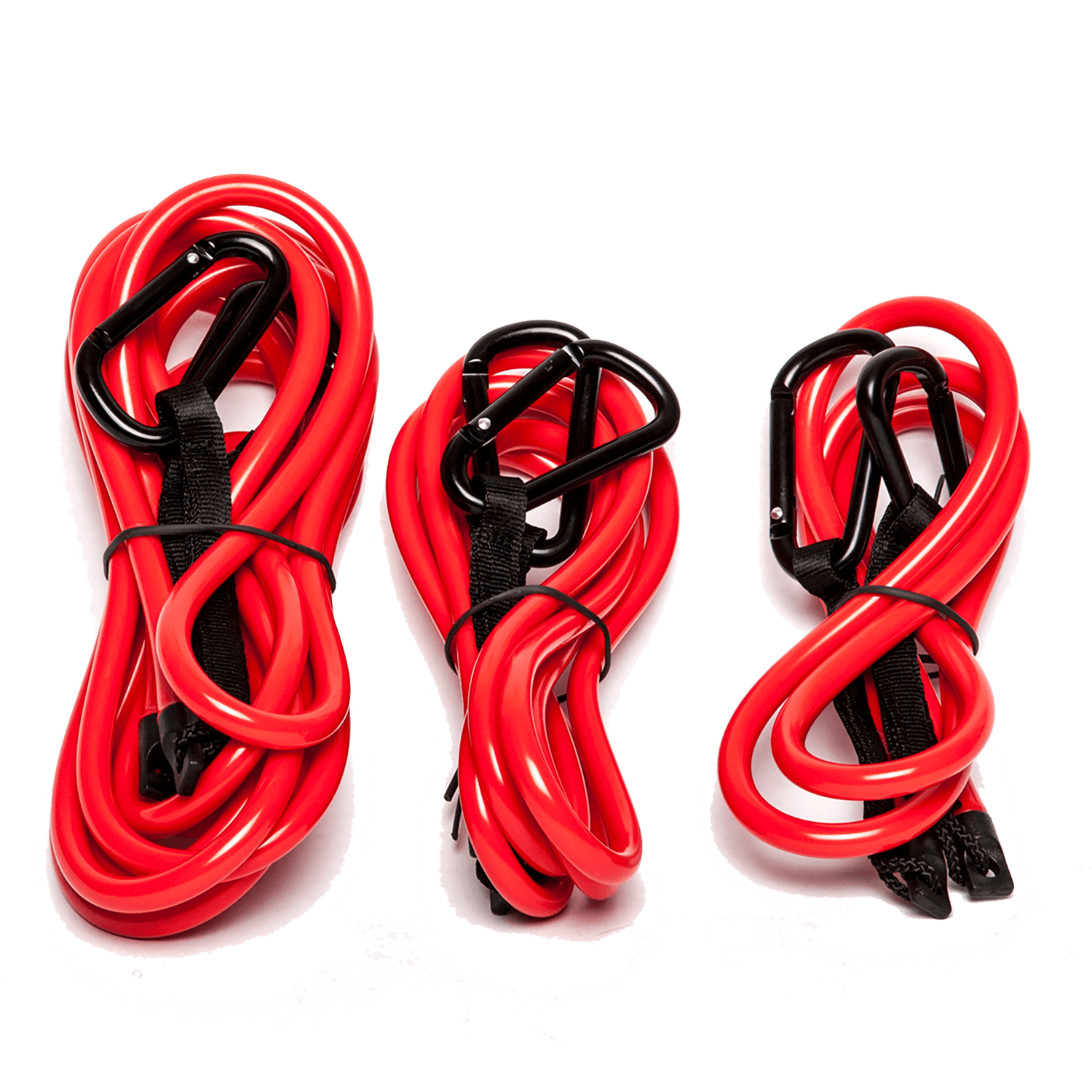 Set of three red Link Lanyards with black carabiners, neatly coiled and secured with black straps.